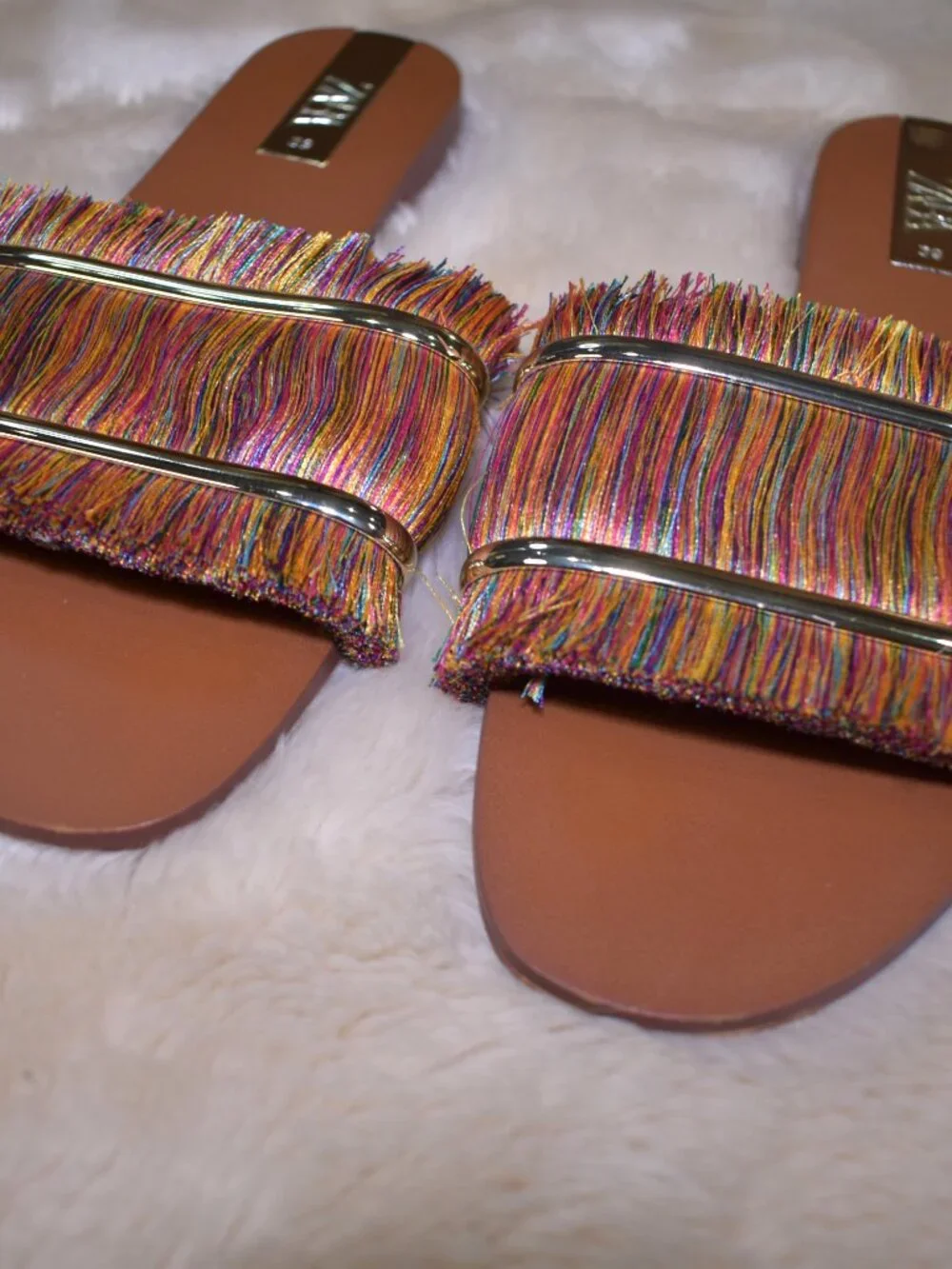 Zara Colorful Fringe Slide Sandals Size 39/8 Boho Summer Vacation Flats - Picture 6 of 12